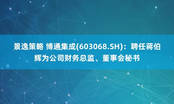 景逸策略 博通集成(603068.SH)：聘任蒋伯辉为公司财务总监、董事会秘书
